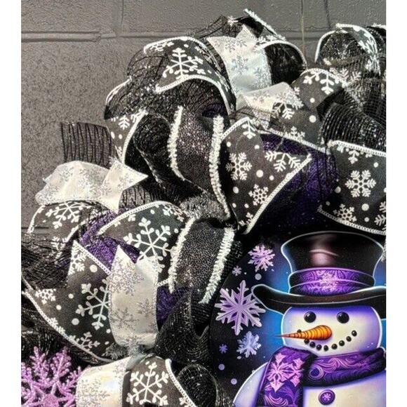 Christmas Snowman Wreath Black and Purple Winter Door Decor Handmade 24 inch - Picture 2 of 5